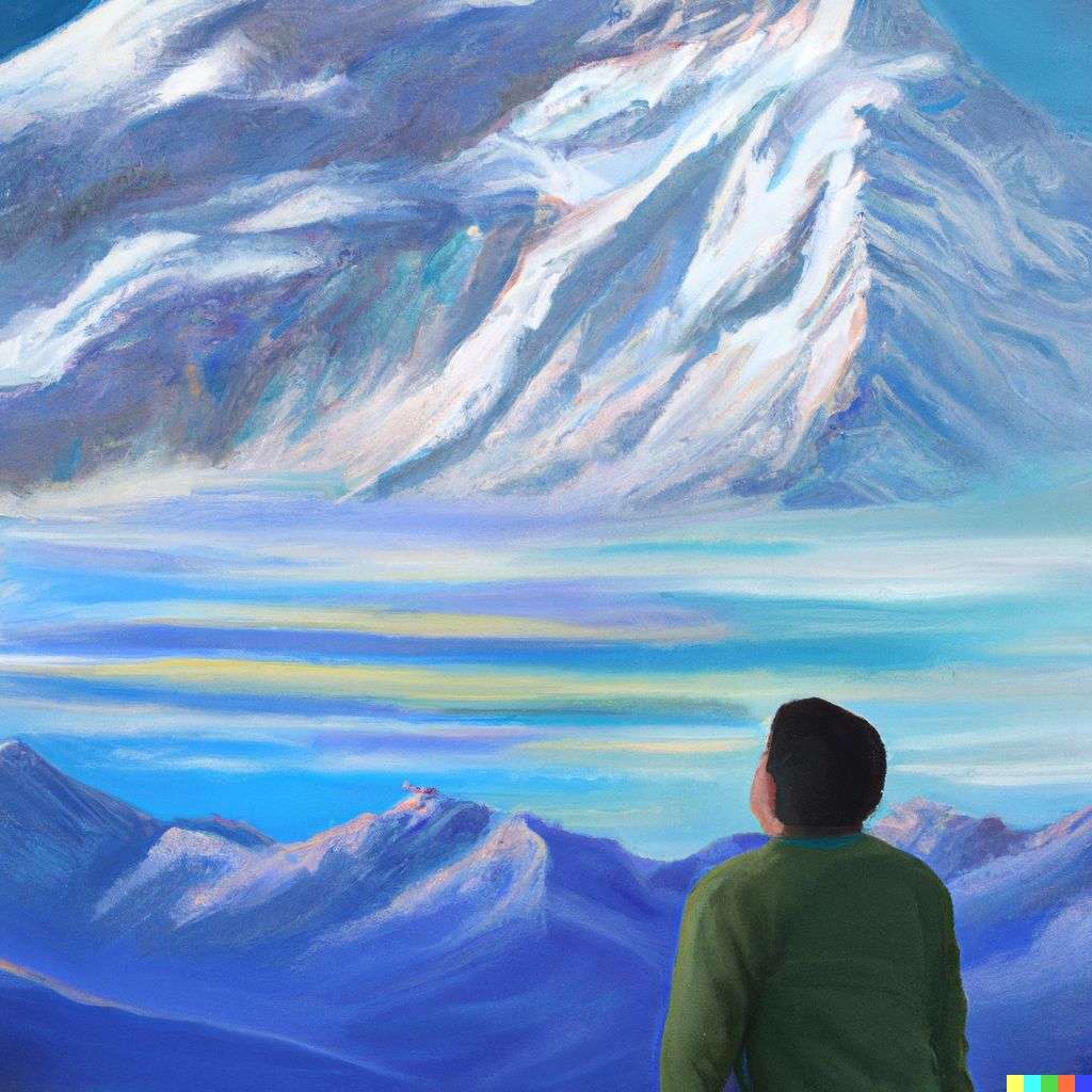 someone gazing at Mount Everest, airbrush painting